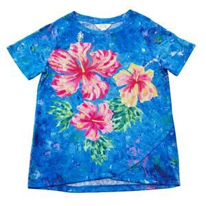 Art & Sol Tropical Pink & Yellow Hibiscus Floral Short Sleeve Crew Neck Shirt